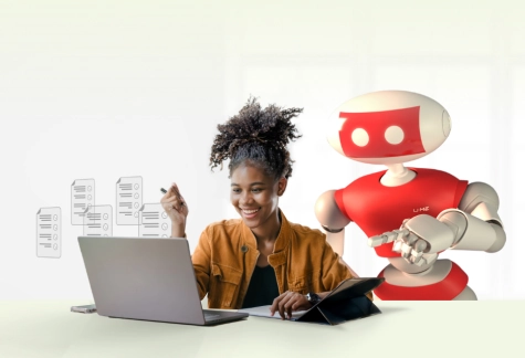 Medical student using First Aid Forward on laptop with robot guide over her shoulder