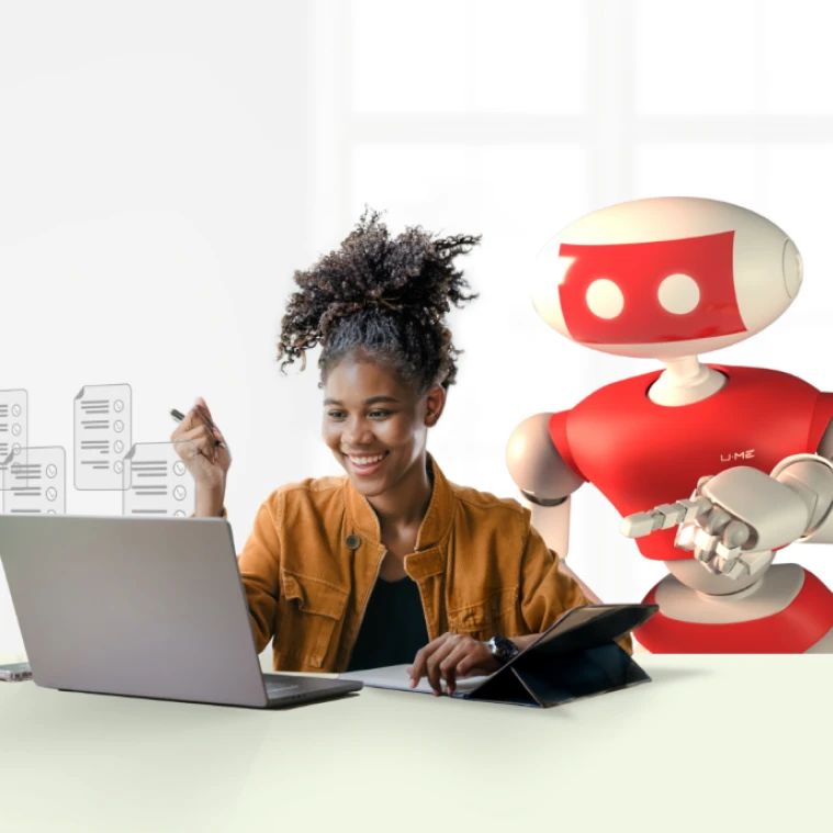 Medical student studying at desk on a laptop with First Aid Forward robot over her shoulder