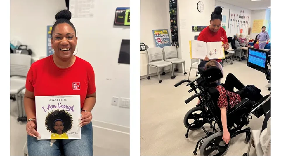 McGraw Hill employee reading to student in a wheelchair